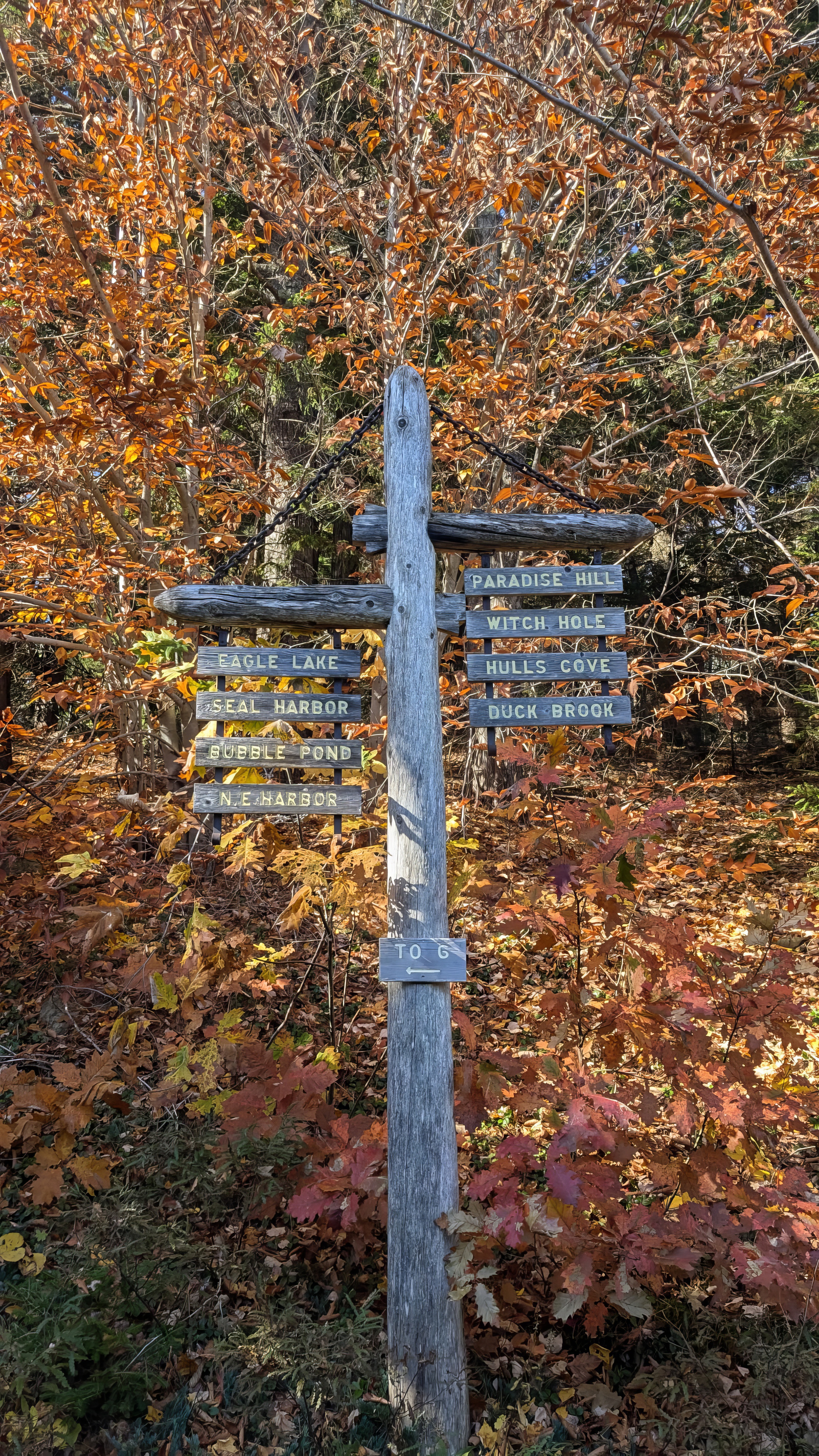 Carriage road directional signpost near Eagle Lake Bridge with fall foliage