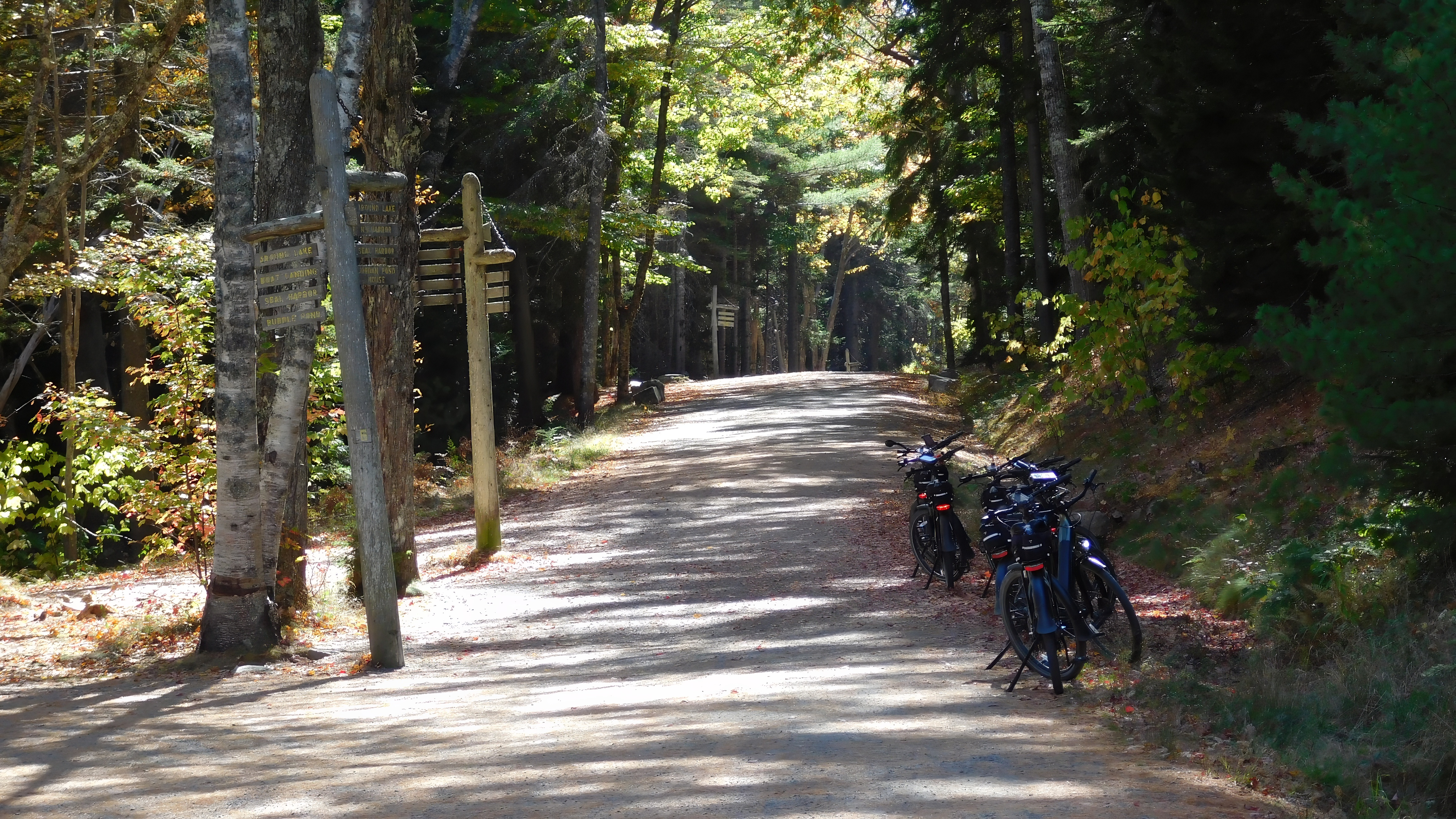 E-bikes parked at Eagle Lake Bridge on the carriage roads of Acadia National Park